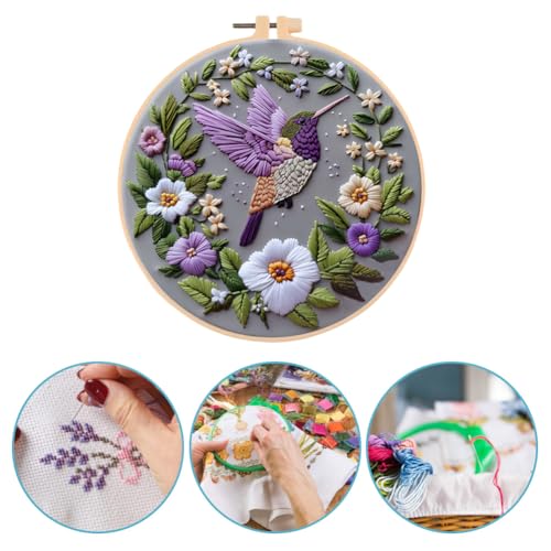 Needlework Embroidery Kit with Hoop,Flower Hummingbird Pattern Handmade Cross Stitch Sewing Art Craft Kit with Stamped Design Cotton,Threads,Needles for Beginners - color: Hummingbird Flower