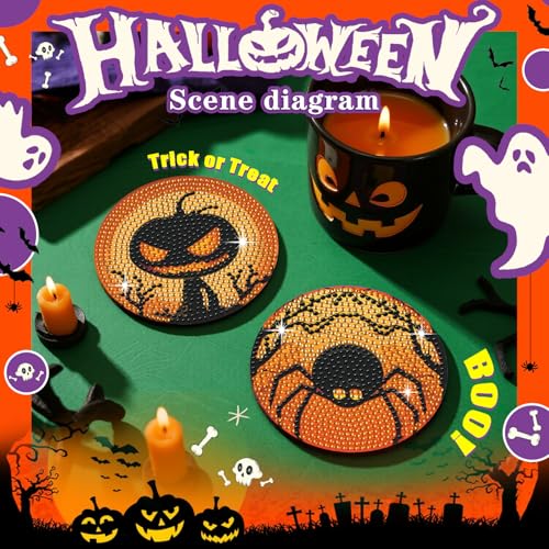 Leatrice 8 PCS Halloween Diamond Art Coasters Set with Holder 4 in - color: AA halloween