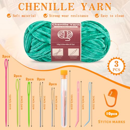 LUNARM Chenille Yarn 3 Pack 3.5oz Chunky Blanket Velvet Yarn 263 Yard - color: Jade Green