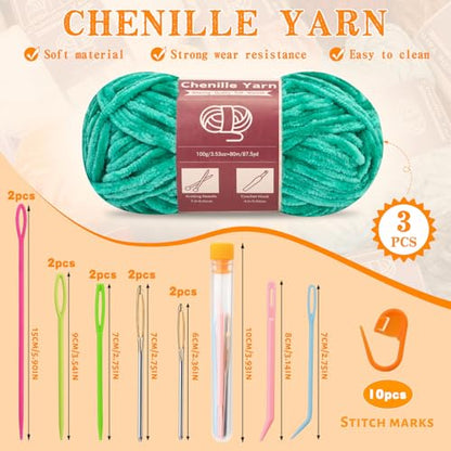 LUNARM Chenille Yarn 3 Pack 3.5oz Chunky Blanket Velvet Yarn 263 Yard - color: Jade Green