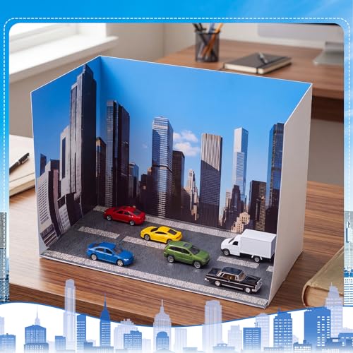AmazingSpark 2 Set City Style Diorama Box and Road Sticker Decor, City Diorama Project Supplies Set, Cardboard Display Case Kit & Cards with Double Sided Tapes for Cars Miniature DIY Crafts - style: City