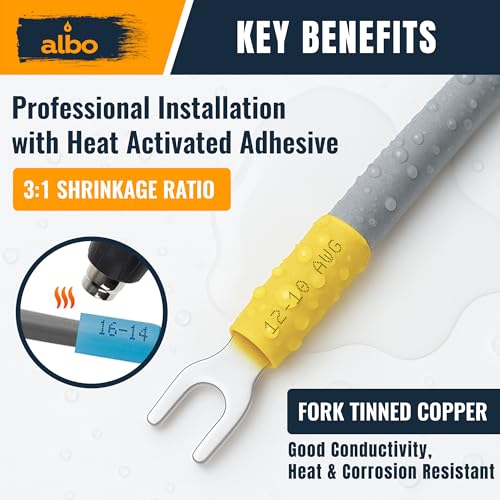 ALBO Heat Shrink Crimp Connectors (Fork 150pcs Yellow #10 AWG 12-10) - color: Fork 150pcs Yellow #10 AWG 12-10