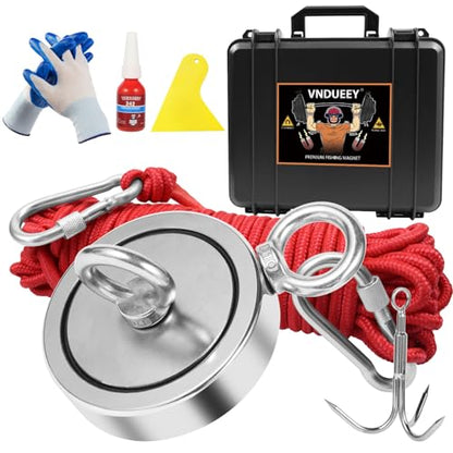 VNDUEEY 1725LBS Magnet Fishing Kit, 3.7" Double Hole Fishing Magnet Kit with Rope, Strong Magnets for Retrieving in River Lake Beach Lawn, Includes 65Ft Rope, Carabiner, Gloves, Grappling Hook, Case - size: 3.7" 1725LBS, style: Double Hole Kit with Case