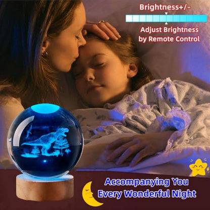 3D Dinosaur Crystal Ball Lamp with Remote Control, 3.15 inch T-rex Crystal Night Light with Wooden Base 16 Colors Change, Glass Dinosaur Figurine Lamp Gift for Girls Boys Wife Mom (T-rex) - color: T-rex