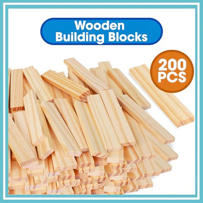 Wooden Building Blocks Set - 200-Piece Plank Block Construction Toys, STEM Educational Wood Toy for Kids and Toddlers