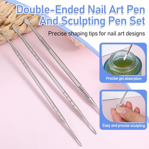 3 Pcs Nail Art Sculpture Pen, Stainless Steel Nail Sculpting Tool Dual-Head 3D Gel Pen Nails Dotting Tool Silver Nails Art Design Tools for Salon Home DIY