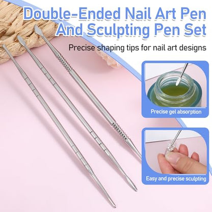 3 Pcs Nail Art Sculpture Pen, Stainless Steel Nail Sculpting Tool Dual-Head 3D Gel Pen Nails Dotting Tool Silver Nails Art Design Tools for Salon Home DIY