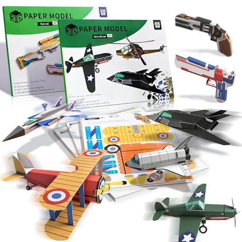 2 Themes in 1, 3D Model Paper Airplane Kits, DIY Origami Kit for Kids Ages 8-12, Include 16 Pre-cut, Easy-to-Assemble Gun & Aircraft Models, Origami Kit for Kids Ages 8-12, Paper Airplane Kits