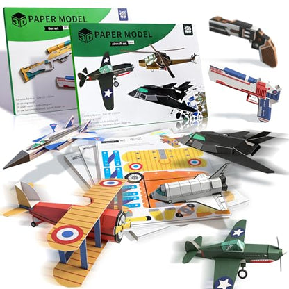2 Themes in 1, 3D Model Paper Airplane Kits, DIY Origami Kit for Kids Ages 8-12, Include 16 Pre-cut, Easy-to-Assemble Gun & Aircraft Models, Origami Kit for Kids Ages 8-12, Paper Airplane Kits