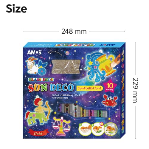 AMOS Sun Deco Window Art Kit for Kids — 10.5 ml x 10 Colors — 12 Small Gold Outline Suncatchers (Constellations), DIY Kids Arts and Crafts
