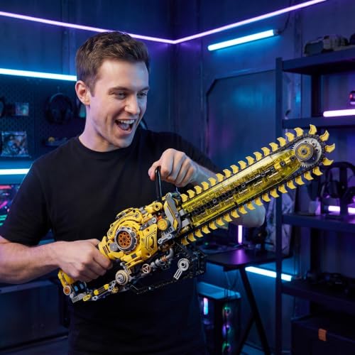 Mechanical Chainsaw Building Kit, 1096 Pcs Motorized Rotating Chain Model with 2-in-1 Manual & Electric Gear Drive, LED Lights, STEM Engineering Toy Gift for Adults Teens & Kids 8+