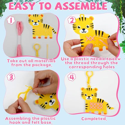 Cross Embroidery Kit for Kids Beginner 12 Jungle Animals Felt Keyrings Needlepoint Embroidery Starter Set with Jumbo Plastic Needles Pre-Printed Patterns for DIY Arts & Crafts Gift Safari Party Favor