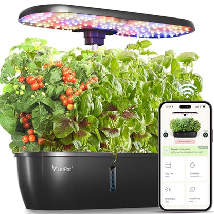 LETPOT LPH-Lite Hydroponics Growing System, 12 Pods Smart Herb Garden Kit Indoor, Indoor Garden, APP & WiFi Controlled, with 24W Growing LED, 5.5L Water Tank, Pump System, Automatic Timer - size: 12 Pods-Black