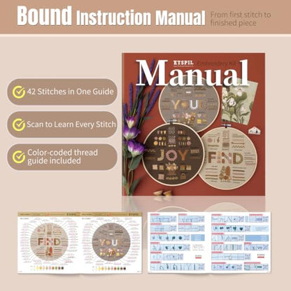 ETSPIL Embroidery Kit for Adults, 42 Stitches, 4K Video, Storage Bag - color: letter E