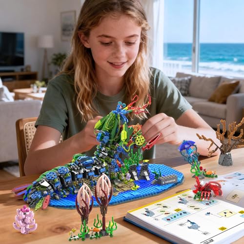Mechanical Mantis Shrimp Building Block Sets, 1843 Pcs Sea Creatures Building Toys with Miniature Undersea Landscape & Led Light, 18.11x9.45x9.84in DIY Model Kit for Adults Teens 14+