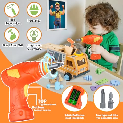 38-Piece Wooden Toddler Tool Set with Toy Drill and Truck Toolbox, Ages 3+ - style: Truck Tool Set