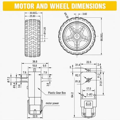8-Set TT Gear Motor with Tire Wheel Kit, 3-6V DC