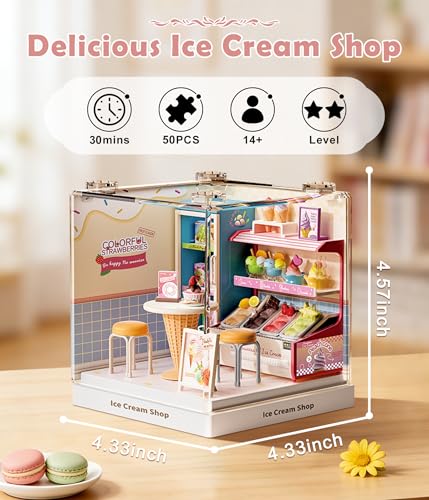 Ice Cream Shop Miniature House Kit, Plastic DIY Dollhouse with Ice Cream Display Counter & Serve Cones, Stackable Transparent Dust Cover, Cute Desktop Decor for Girls Adults Teens - color: Ice Cream Shop, size: Small