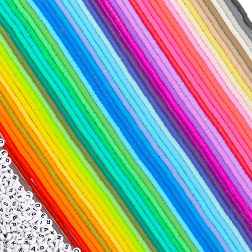 JMUQ 50 Strands Clay Beads, 50 Colors Flat Preppy Polymer Clay Heishi Beads with Letter Beads for Friendship Bracelets Jewelry Making Kit, DIY Arts and Crafts - color: Color2