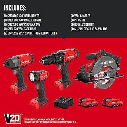 CRAFTSMAN V20 MAX Cordless Power Tool Kit, Circular Saw with 6 1/2 inch Blade, 1/4 inch Impact Driver, 1/2 inch Drill/Driver, LED Task Light, Battery and Charger Included (CMCK401D2AM)