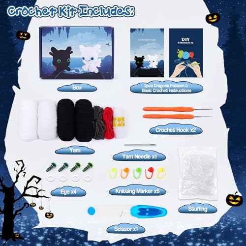 2PCS Dragons Crochet Kit for Beginners Crochet Starter Kit for Adults - color: Black White Dragon