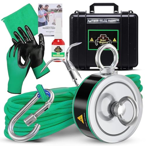 2000LB’s Complete Magnet Fishing Kit | Double Sided Fishing Magnet Kit with Case | Includes Strong Neodymium N52 Magnets, Durable 65ft Rope, Carabiner, Gloves, Grappling Hook & Carry Case - size: 2000 LB Double Sided Magnet Kit