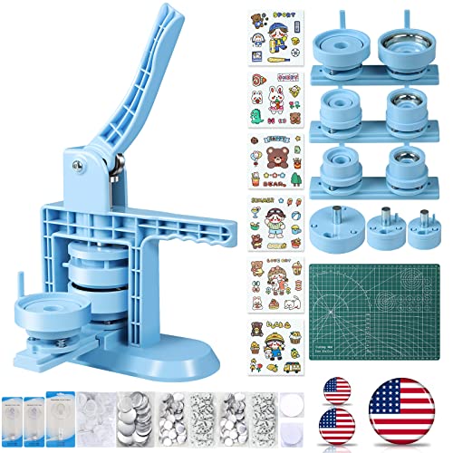 Happizza Button Maker Machine Multiple Sizes (4th Gen), Pin Maker 1+1.25+2.25 inch / 25+32+58mm, Badge Button Press Machine with Cutting Mat & 300 Sets Badge Making Supplies & Circle Cutter - size: Blue 1+1.25+2.25 inch (300 sets)