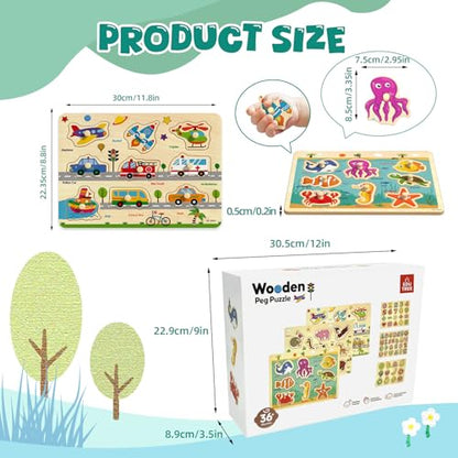 Wooden Peg Puzzles for Toddlers 2-4, 6 Pack Educational Peg Puzzles Montessori Toys, Learning Puzzles for Kids Girs Boys 1-3 3-5 with Alphabet Number Animal Vehicle Shape