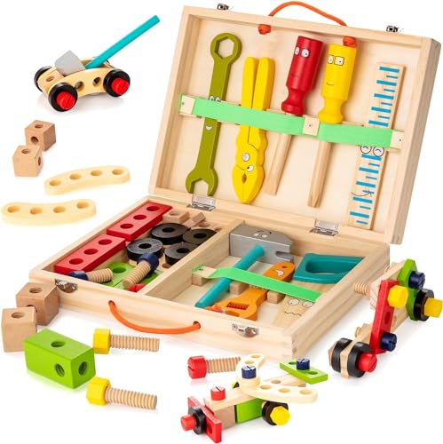 WOODMAM Wooden Kids Tool Set, 37Pcs Learning Construction Toy with Tool Box, Montessori Educational Building Toys Gift for 3+ Years Old Boys Girls - style: Standard