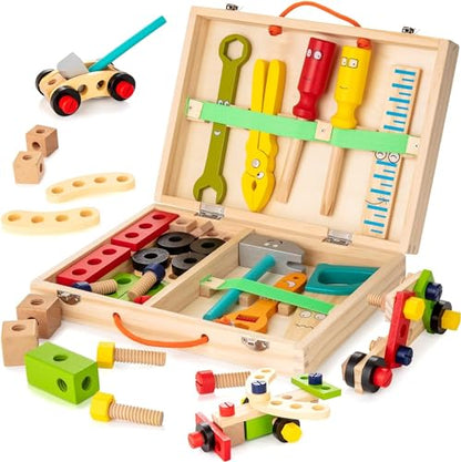 WOODMAM Wooden Kids Tool Set, 37Pcs Learning Construction Toy with Tool Box, Montessori Educational Building Toys Gift for 3+ Years Old Boys Girls - style: Standard