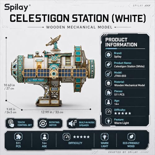 Spilay 3D Wooden Puzzle for Adults, Mechanical Wood Model Building Kit - color: Celestigon Station（white）