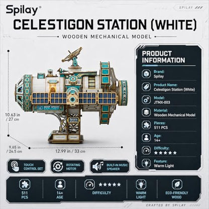 Spilay 3D Wooden Puzzle for Adults, Mechanical Wood Model Building Kit - color: Celestigon Station（white）