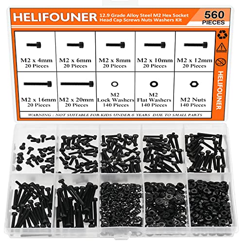 HELIFOUNER 560 Pieces M2 x 4mm /6mm /8mm /10mm /12mm /16mm /20mm, Hex Socket Head Cap Screws Bolts Washers Nuts Kit, 12.9 Grade Alloy Steel, Full Threaded, Black - size: M2, style: Socket Head