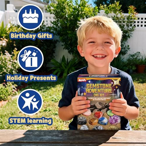 Gemstone Dig Kit for Kids with 2 Tools, 10 Real Gems Tektite