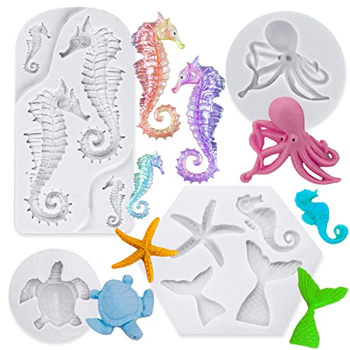4 PCS Marine Theme Fondant Silicone Mold Hippocampus Turtle octopus Shape DIY Handmade Baking Tools, For Theme Cake Cookie Chocolate Candy Decoration Fondant Polymer Clay - style: Hippocampus styles