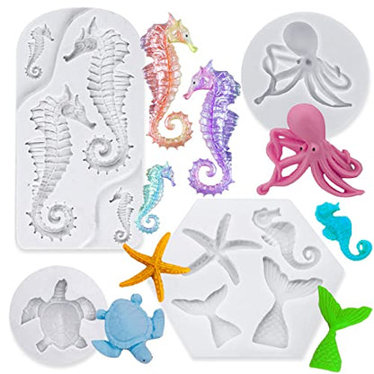 4 PCS Marine Theme Fondant Silicone Mold Hippocampus Turtle octopus Shape DIY Handmade Baking Tools, For Theme Cake Cookie Chocolate Candy Decoration Fondant Polymer Clay - style: Hippocampus styles