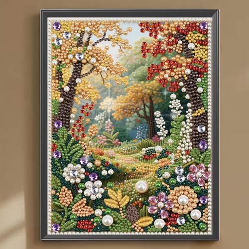 LAKEQUILL 5D DIY Partial Special Shaped Drill Pearl Diamond Art Painting Kit, Country Roads in Spring Landscape Art, Rhinestone Craft for Home Living Room Wall Decor 30x40cm