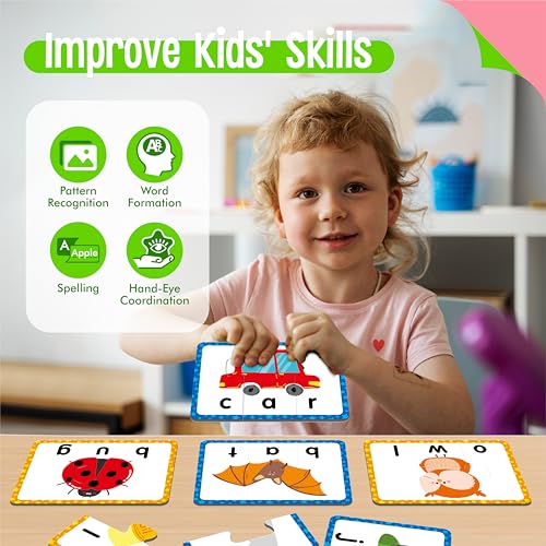 24 Set 3-Letter Word Puzzle Cards, 72 PCS Self Correcting Word Spelling Puzzles, Double Sided Puzzle Cards for Kindergarten Preschool Learning - style: 24 Blocks Double Sided-A