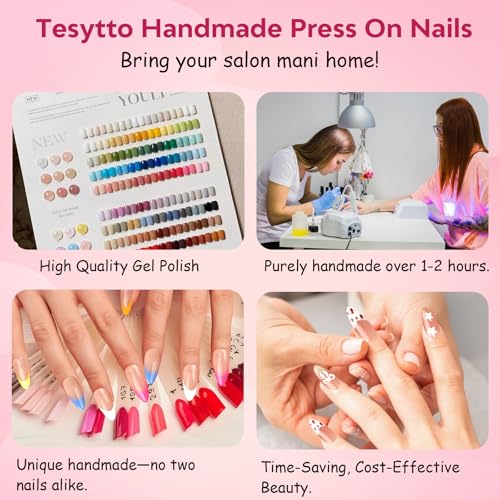 Tesytto 3D Flower Press on Nails Almond - Handmade Multicolor Design with Dewy Water Droplets, Luxury Salon Quality Reusable Fake Nails (Bold Bloom & Dot Glam, S) - color: Bold Bloom & Dot Glam, size: S