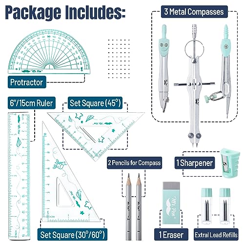 Mr. Pen- Geometry Set, 13 pcs, 3 Metal Compasses, Protractor, 6" Ruler | 45° & 30°/60° Set Squares, Pencils, Lead Refills, Sharpener & Eraser for Math, Drafting & Classroom Use - color: Green