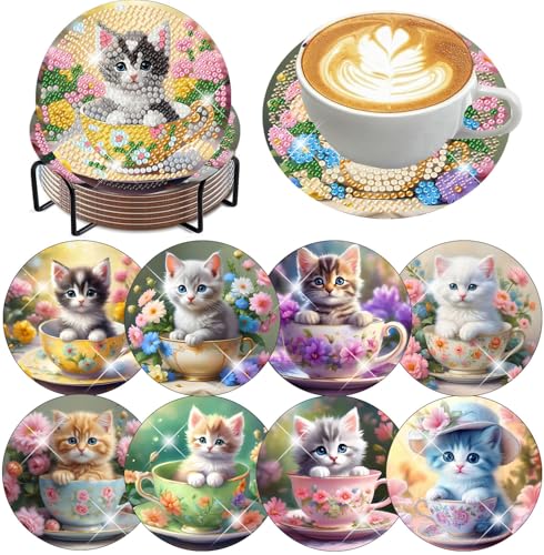 8 Pack Diamond Art Coasters Kits - Cute Cat Diamond Painting Coasters - color: Cute Cat