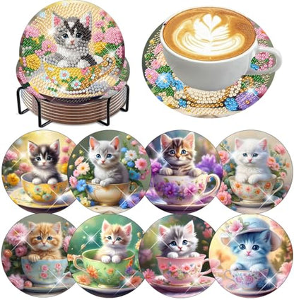 8 Pack Diamond Art Coasters Kits - Cute Cat Diamond Painting Coasters - color: Cute Cat