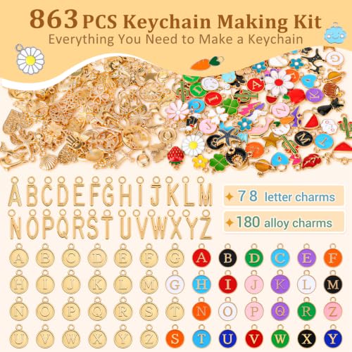 863 Pcs Keychain Making Kit, Alphabet Beads Craft Set with Storage Box