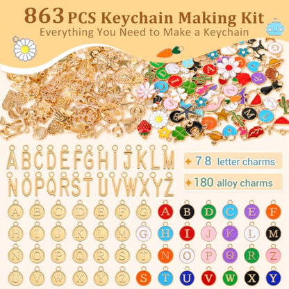 863 Pcs Keychain Making Kit, Alphabet Beads Craft Set with Storage Box
