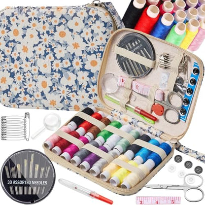 Daisy Sewing Kit Printing Sewing Kit,Professional Sewing Supplies for Adults, Zipper Sewing Needles Set, 87 PCS Travel Sewing Accessory for Emergency, Home - color: 87PCS-Daisy