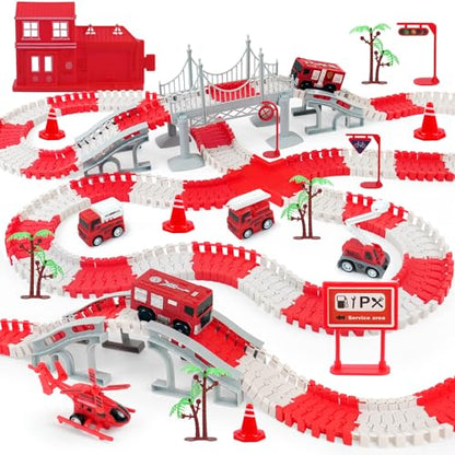 BEMITON Race Track Playset for Kids - Flexible DIY Car Track Toy, Educational Birthday Gift for Boys Ages 3 4 5 6 7, 330+ PCS Building Kit with Fire Trucks - color: Red Fire Station Race Track