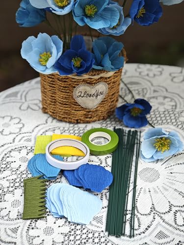 Blue Crepe Paper Poppy Flower DIY Making Kit 24 pcs Easy-to-Make Handcraft Supplies for Beginners & Artisans - color: Blues