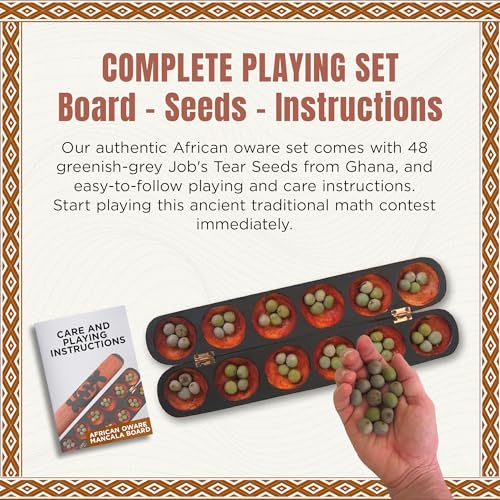 Africa Heartwood Project African Oware Mancala Board - Hand-Carved Solid Wood with Adinkra Symbol, Wooden Folding Mancala Design, 16" Board with 48 Grey, Green Tear Seeds and Playing Instructions