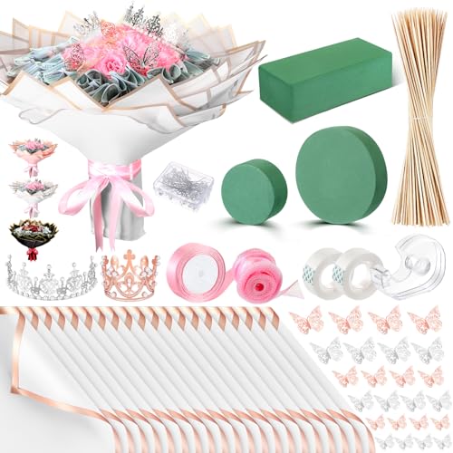 XunYee Bouquet Kit 20 Sheet Flower Wrapping Paper 100 Pcs Bamboo Skewers Floral Foam Blocks for Anniversary Birthday Gift Graduation Mother's Day(White) - color: White