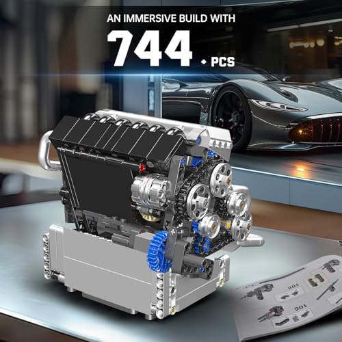 Mould King 10213 Car Engine Building Sets, Intelligent Chip Drive Engine Model Kit that Runs, Build Your Own STEM V8 Engine Model Toys for Adults Collections Home or Office Décor (744+ PCS) - style: MK-10213 engine